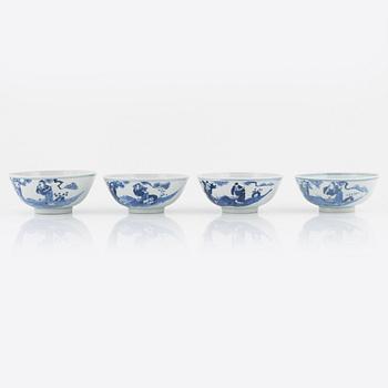 A set of four Chinese blue and white bowls, Qing dynasty, 19th century.