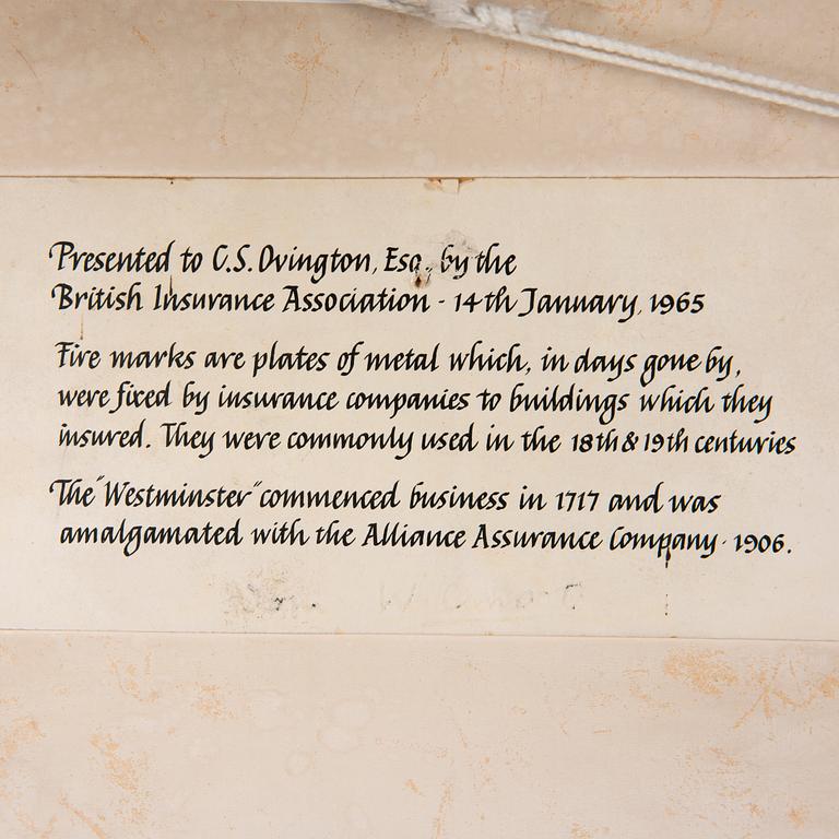 FÖRSÄKRINGSPLAKETT, metall, England 1700-1800-tal.