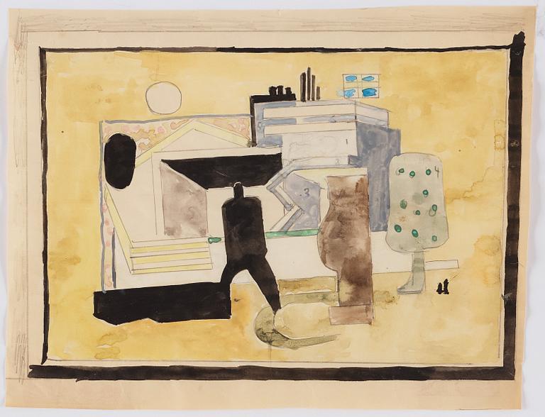 Ingegerd Torhamn, A CARPET AND A SKETCH, "Svensk-Amerika", knotted pile, gouache, the carpet ca 109 x 156 cm, the sketch ca 20x26 cm,