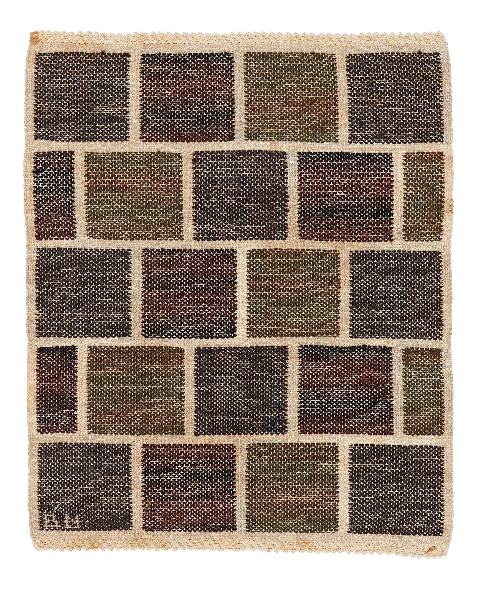 Barbro Nilsson, vävnad, "Kvadrater på linne, mörk", inplock på linnebotten, ca 48-49 x 39-40 cm, signerad BN.