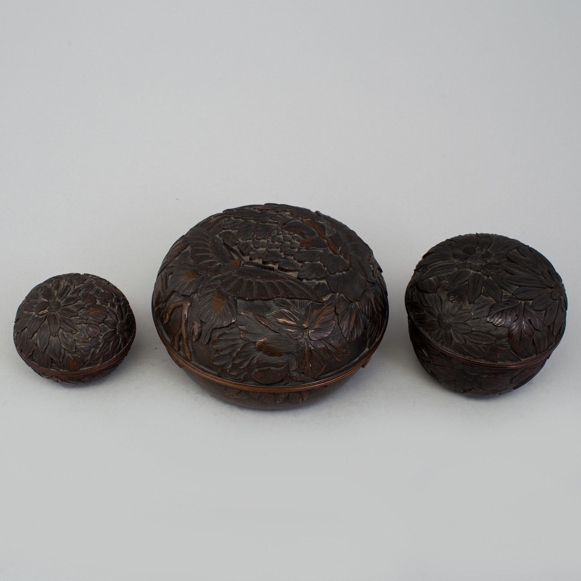 Three Japanese wooden boxes with covers, early 20th Century.