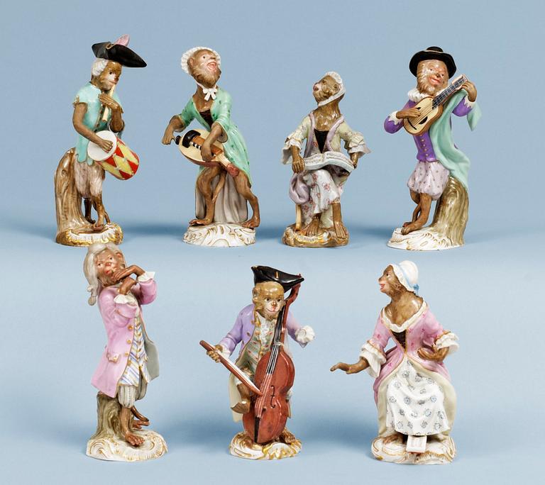 A set of seven Meissen figures from the 'Affenkapelle', 19th Century. (7).