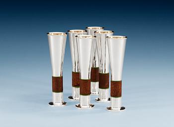 1143. KARL-HEINZ SAUER, snapsglas, 6 st, Västerås 1999, sterling, järn och gummi.