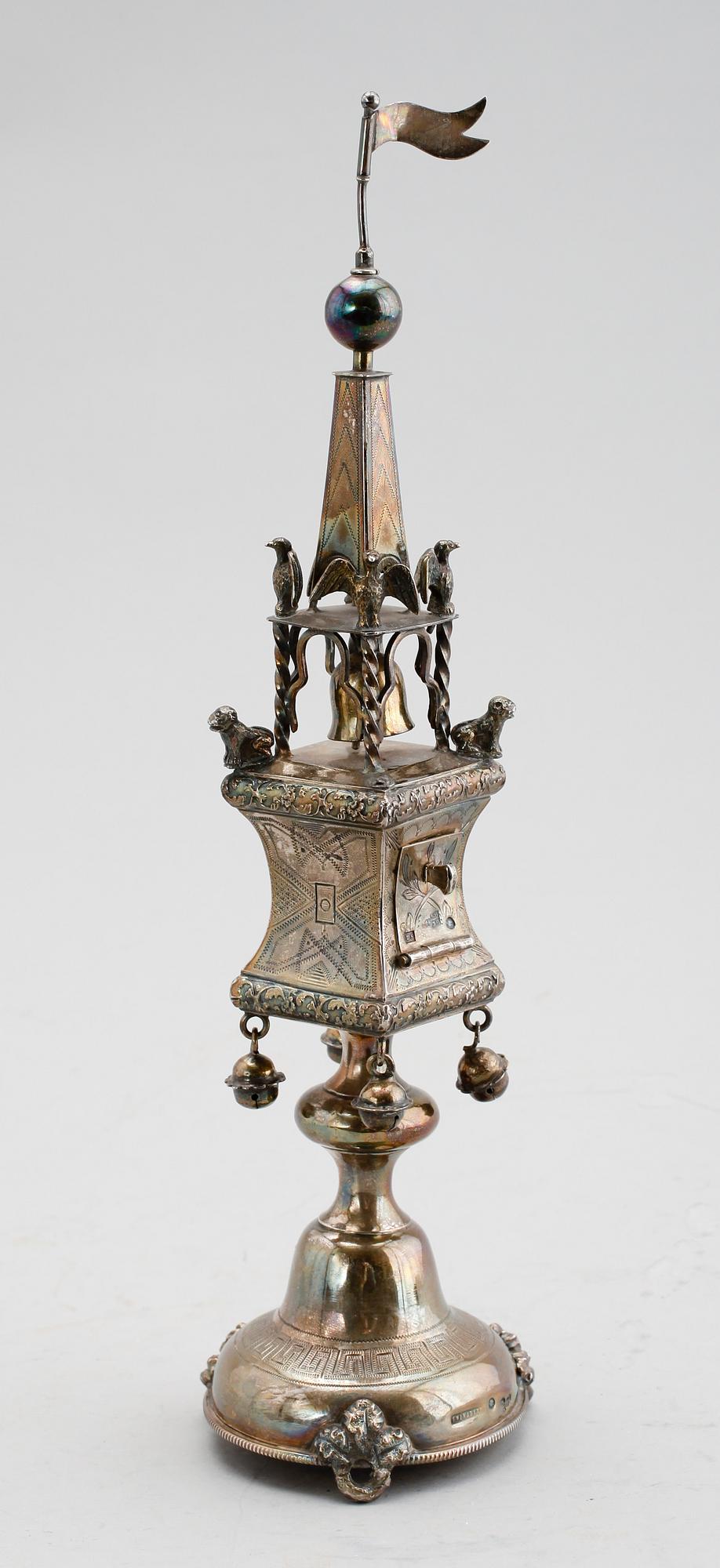 A Russian 19th century silver besamin-tower, makers mark of Swinarski, (St. Petersburg) 1876.