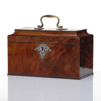 Two Tea caddys, silver, Emick Romer, London, 1762, and a mahogany casket.