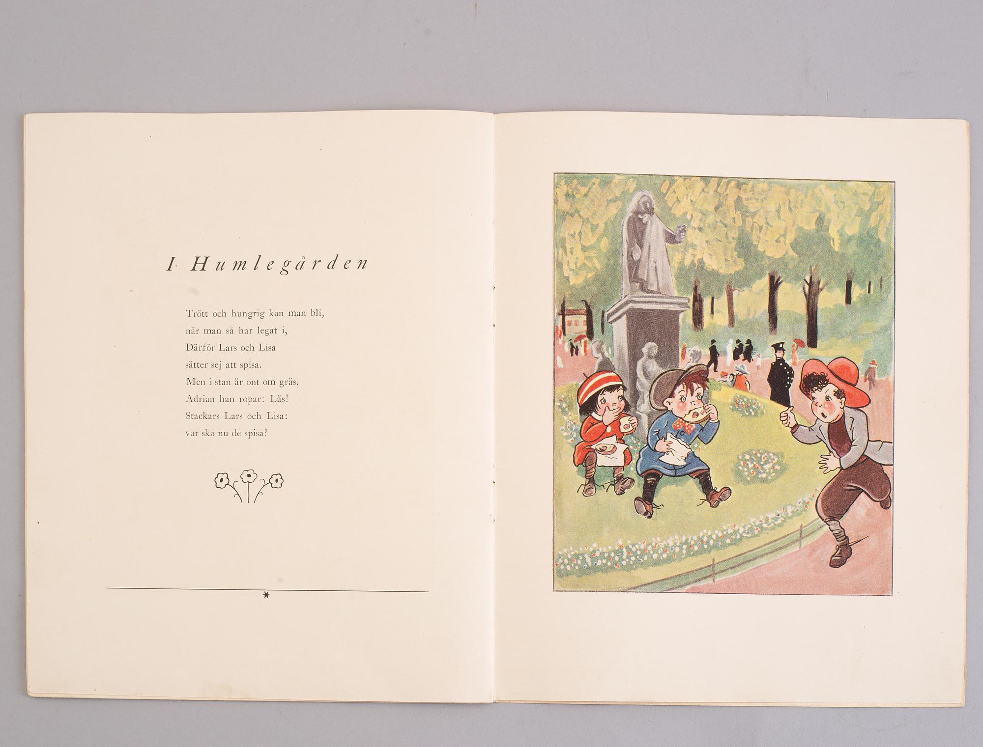 BARNBOK, "Lars och Lisa i Stockholm" med text av Nils Ferlin, färgteckningar av Gösta Bjelkebo, 1937.