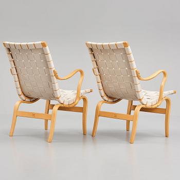 Bruno Mathsson, a pair of bent beech wood and textile girths 'Eva' lounge chairs, Firma Karl Mathsson, Sweden 1967.