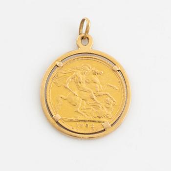 A British goldcoin, 1 Sovereign, 1962, mounted in a 18 k gold pendulum.