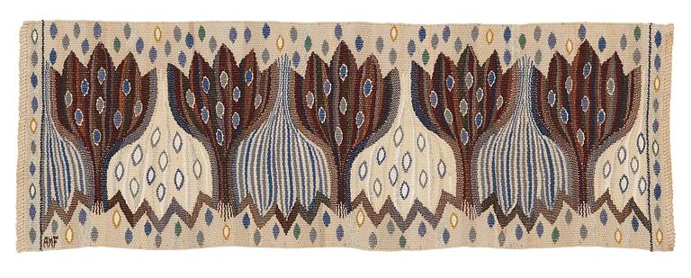 Ann-Mari Lindbom, gift Forsberg, A textile, "Blå crocus", a tapestry variant, ca 32-33 x 93-94 cm, signed AMF.