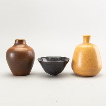 Erich & Ingrid Triller, a glazed stoneware bowl and two vases, Tobo.