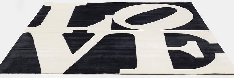 Robert Indiana, a carpet "White on Black", Chosen Love, hand-tufted in 1995, approximately 300 x 300 cm. Numbered 104/125.