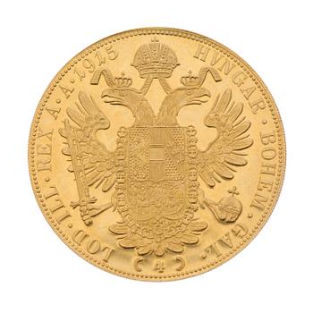 GULDMYNT, 4 dukat, ca 23 k, FRANZ JOSEPH I 1915, Österrike-Ungern. Vikt ca 14 g.