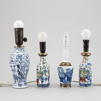 Four different vases, turned into table lamps, Qing dynasty, late 19th/early 20th century.