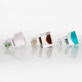 Siv Lagerström, three acrylic plastic rings. Engraved works from the 1970s.