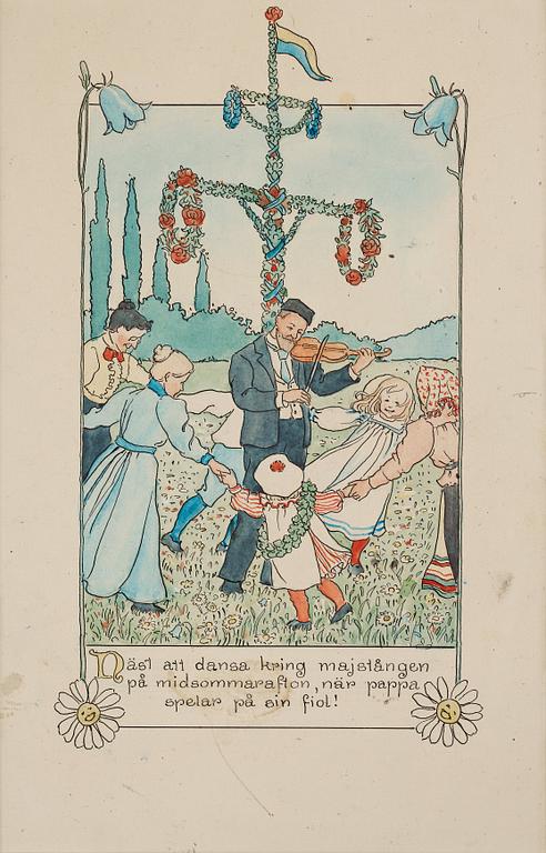 Elsa Beskow, "Näst att dansa kring majstången på midsommarafton, när pappa spelar på sin fiol", illustration for "Barnen på Solbacka".