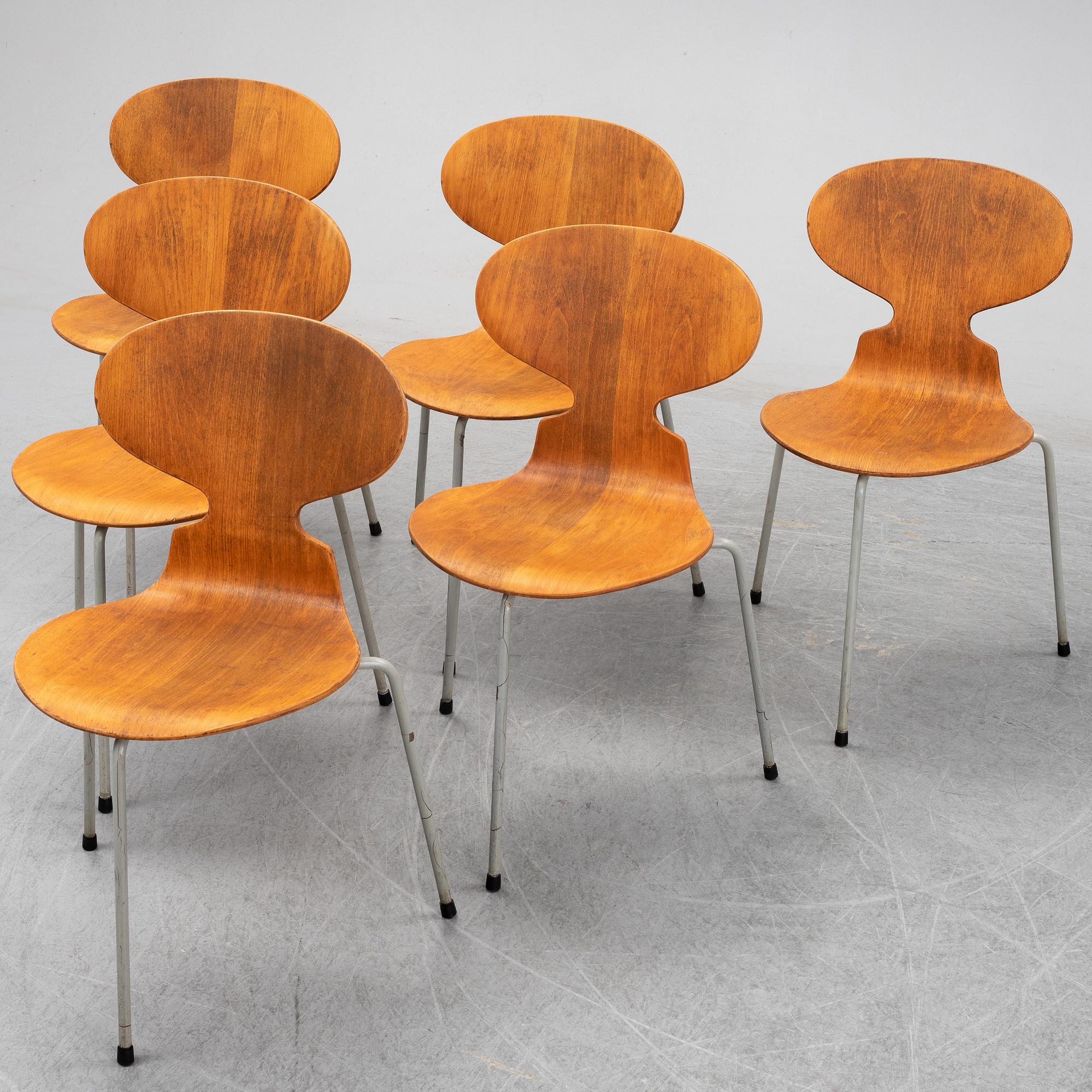 ARNE JACOBSEN, six 'Ant' chairs, Friz Hansen, Denmark, 1950's.