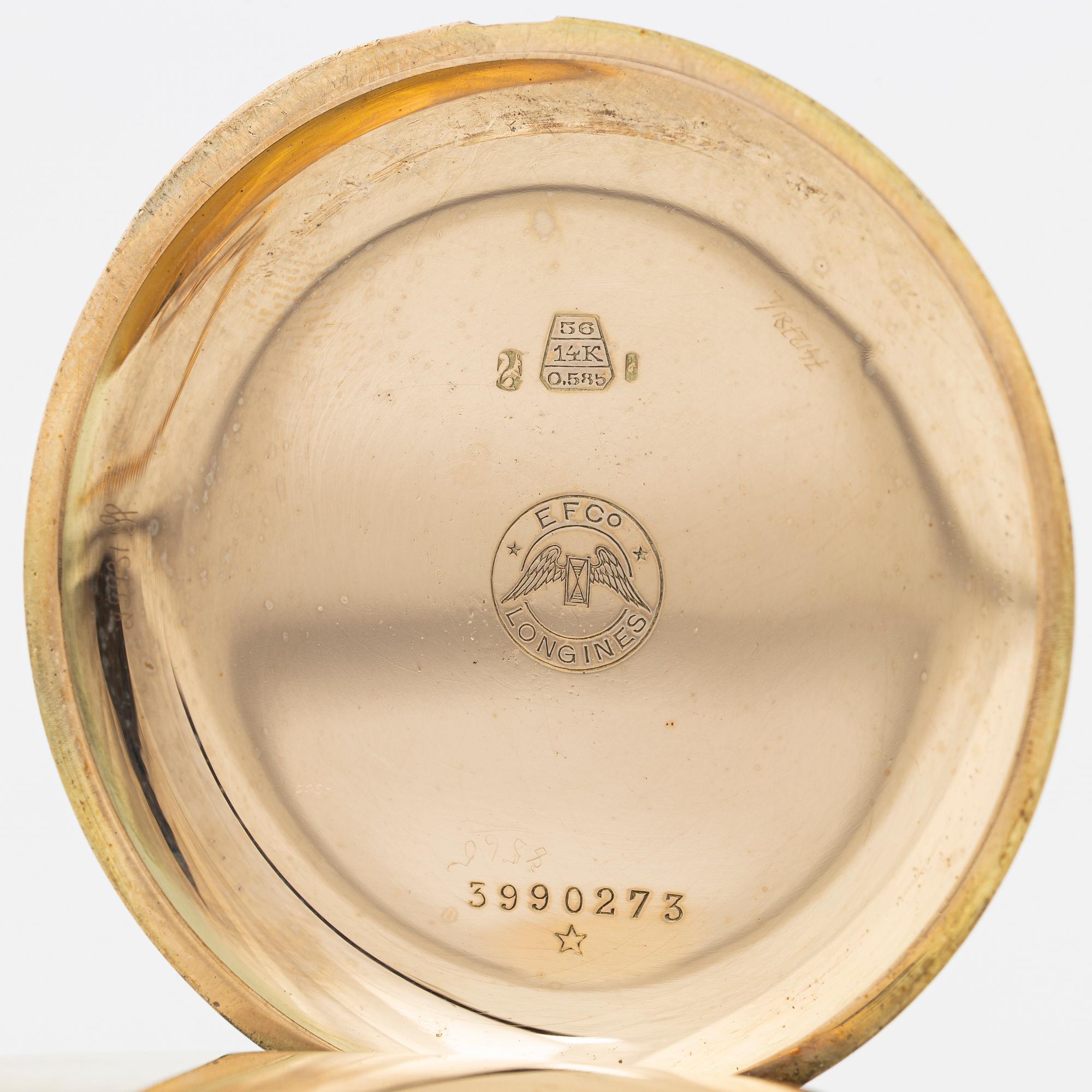 Longines, fickur, 14K guld, savonett, kedja i 18K guld, 51 mm.