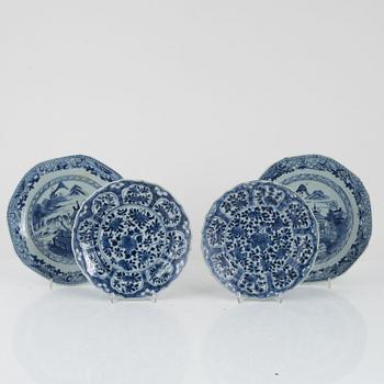 Two pairs of blue and white porcelain plates, China, Kangxi, 18th century, and Qian dynasty 18th/19th century.