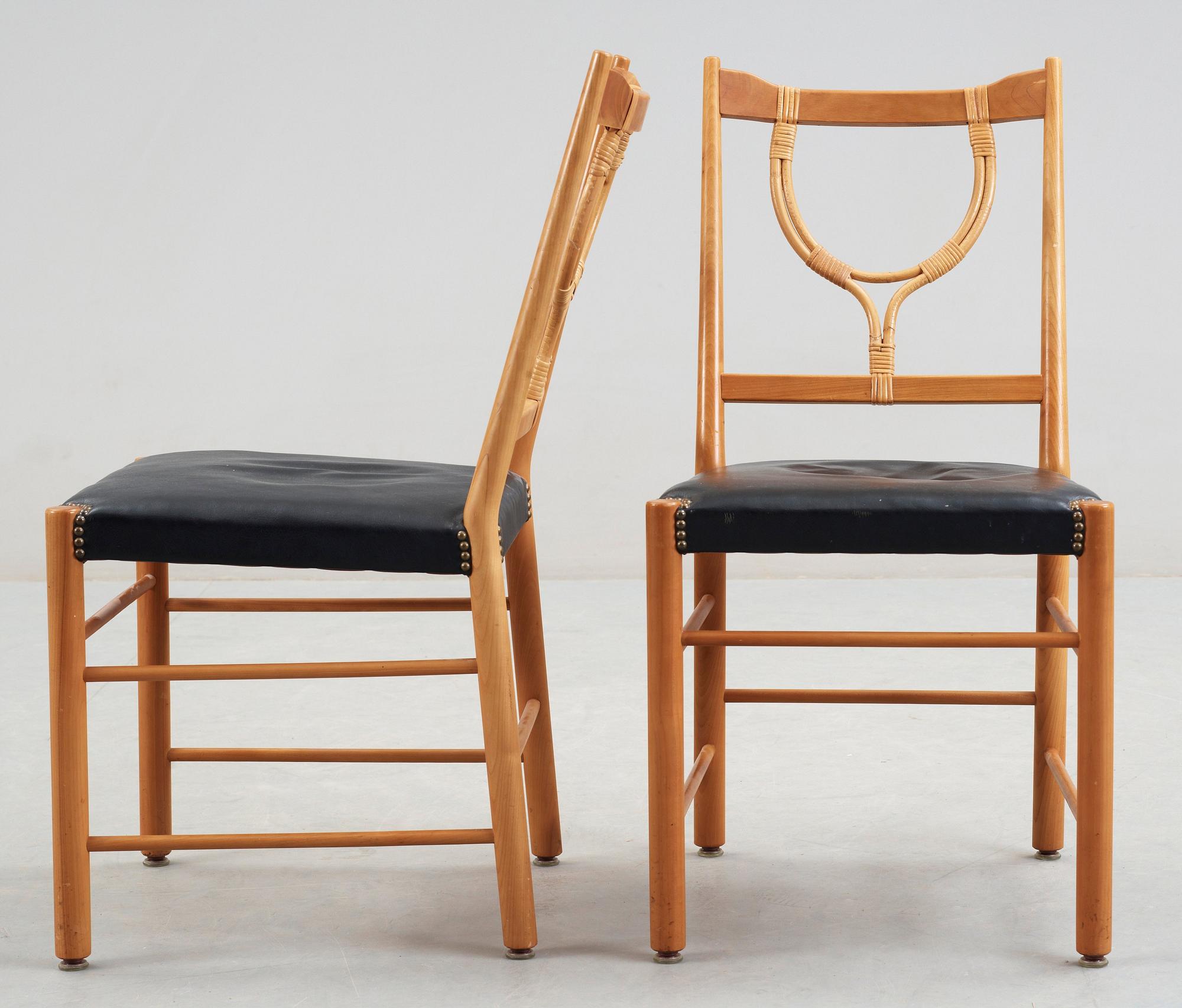 A set of eight mahogany, bamboo and black leather chairs, Svenskt Tenn.