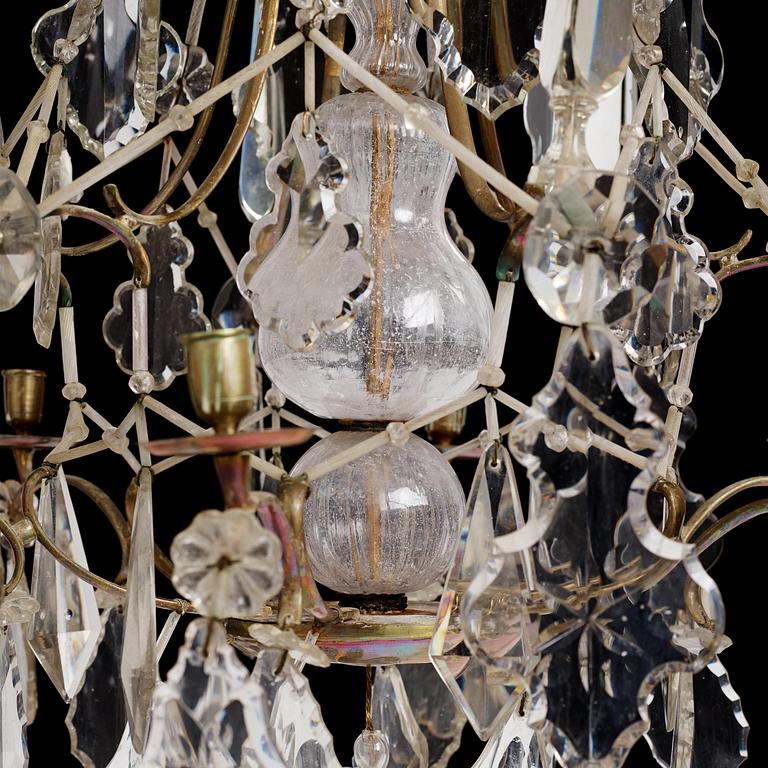 A Swedish rococo gilt-brass and cut glass six-branch chandelier by O. Westerberg (master in Stockholm 1769-1811).