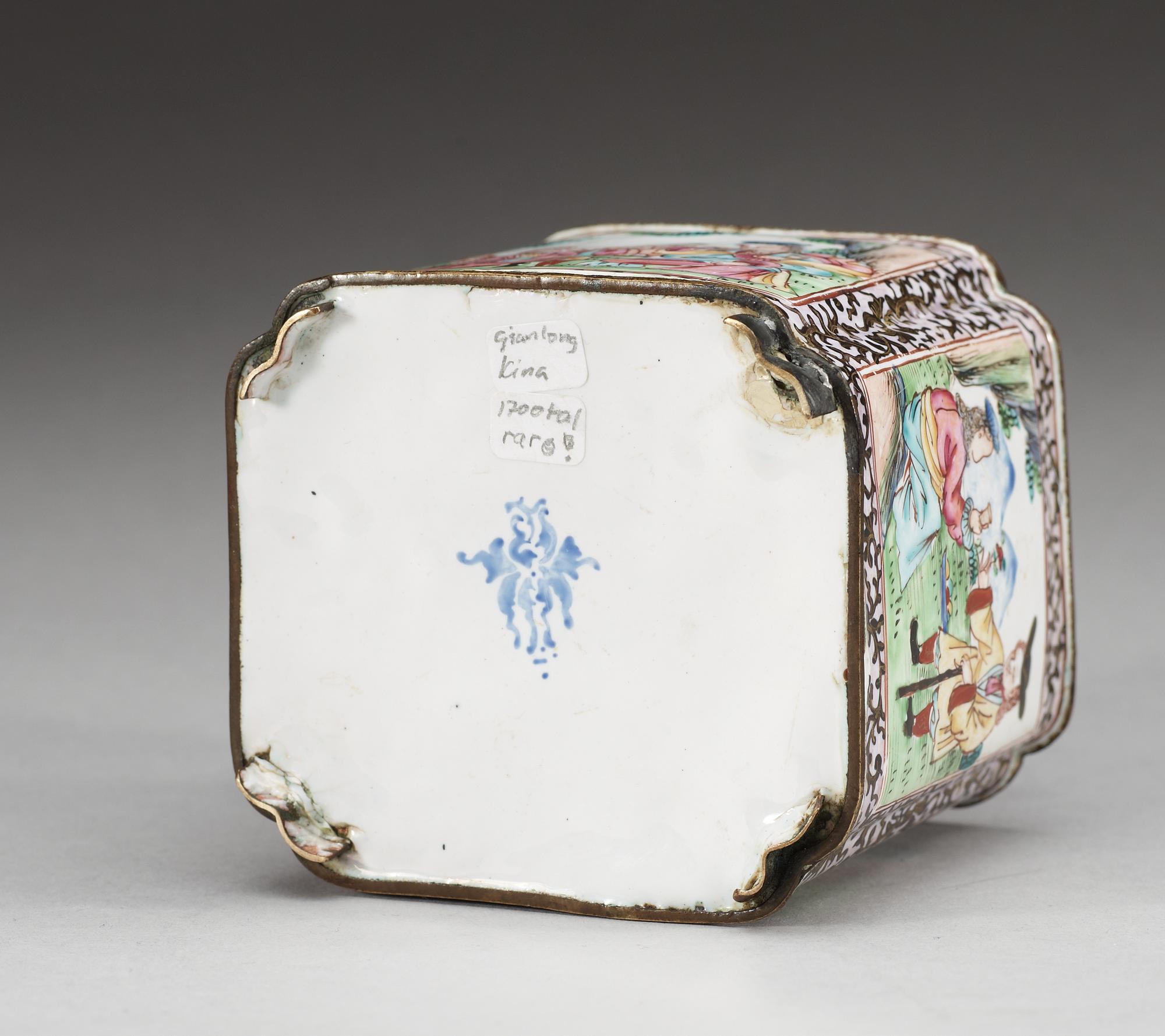 An enamelled 'European Subject' tea caddy, Qing dynasty, 18th Century.