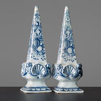 A pair of Swedish faience obelisques, Rörstrand, 18th Century, marked Stockholm.