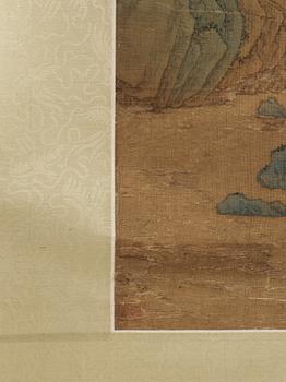 A hanging scroll of figures in a landscape, presumably by a female artist (Yinhu from Tongjin), Qing dynasty(1644-1912).