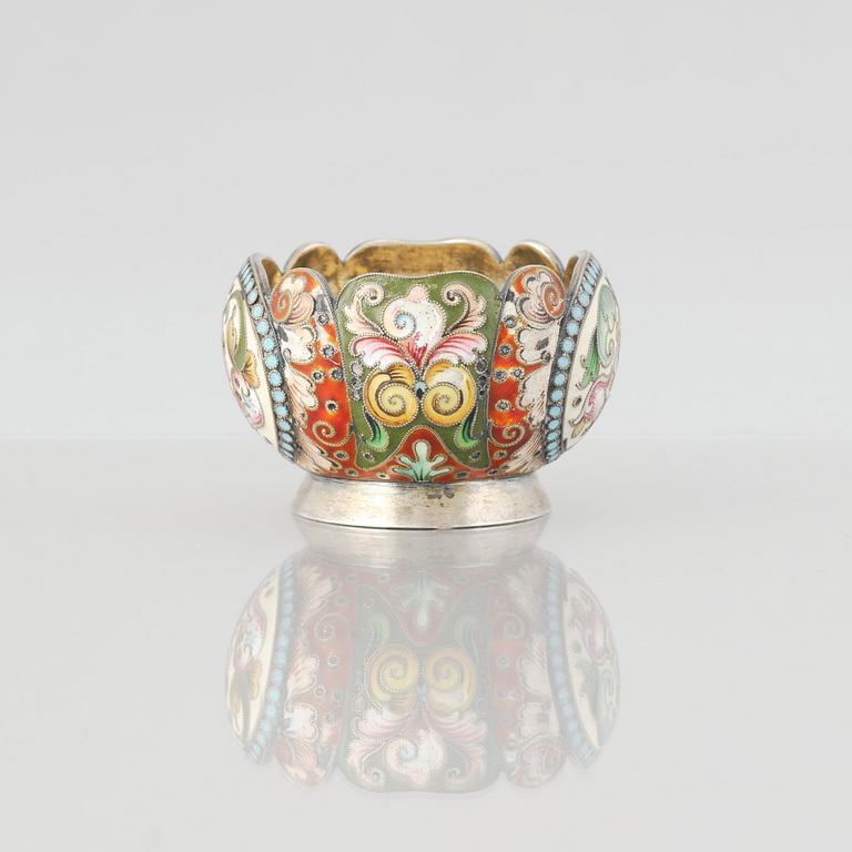 A Russian early 20th Century silver-gilt and enamel salt cellar. Assayer's mark Ivan Lebedkin.