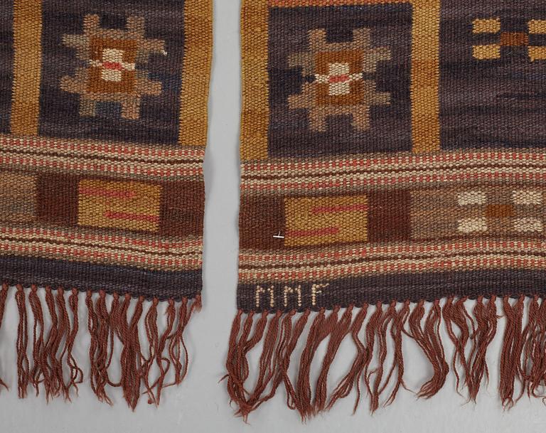 Märta Måås-Fjetterström, DRAPES, 1 pair, flat weave, "Draperi med Långbårder", ca 298,5 x 78,5 and 301,5 x 79 cm, one drape signed MMF.