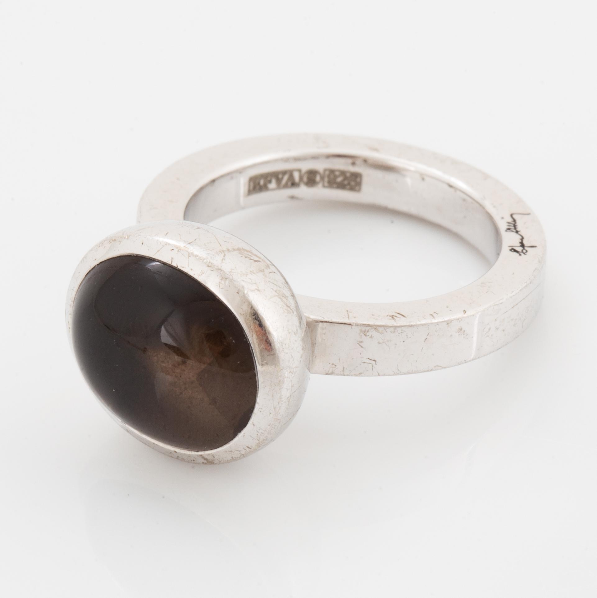 Efva Attling, ring, armband och hänge med kedja, 'love bead' silver med rökkvarts.