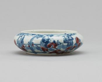 A blue and white with red brush washer, late Qing dynasty with Kangxis six character mark.