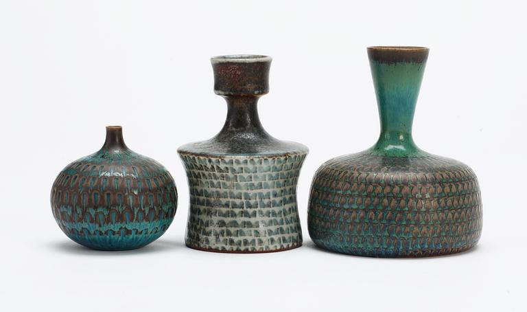 Three Stig Lindberg stoneware vases, Gustavsberg studio 1959-1969.