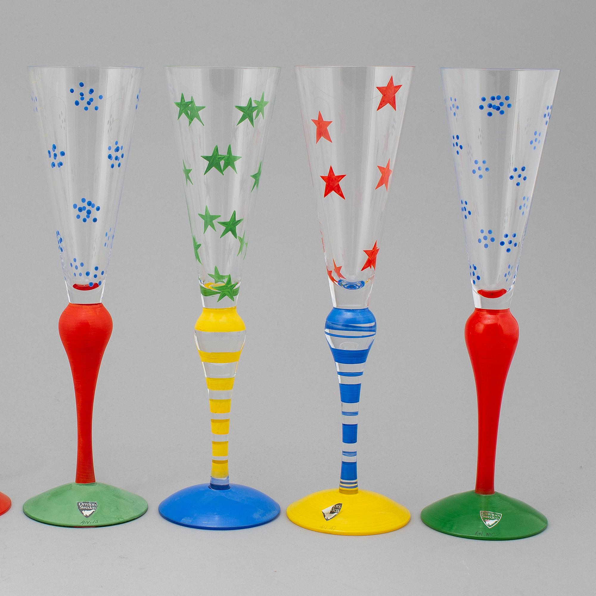 ANNE NILSSON, Nine champagne glasses, 'Clown' by Orrefors, designed in 1992.