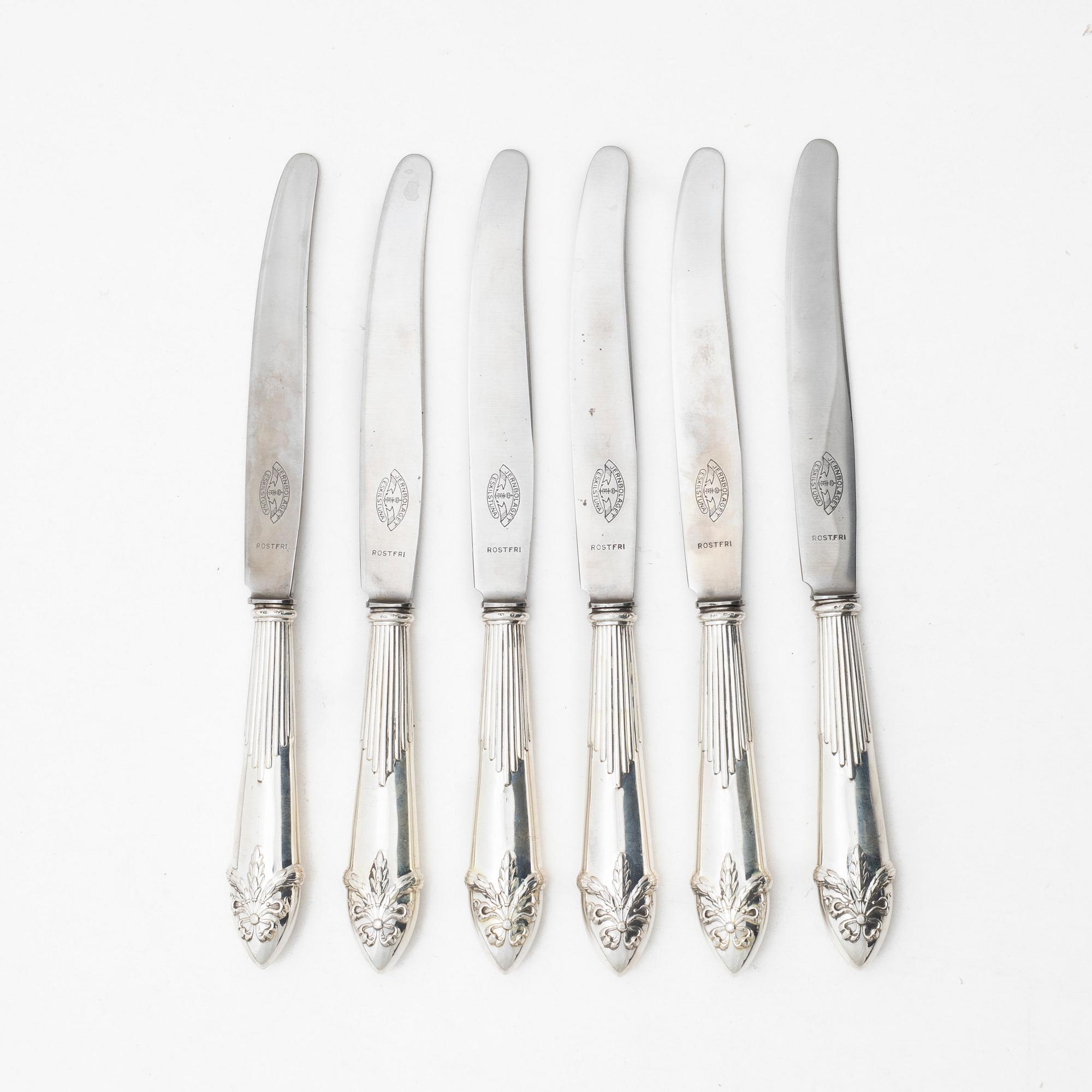 Matknivar, 6 st, silver, modell "Empire", GAB, Stockholm 1924.