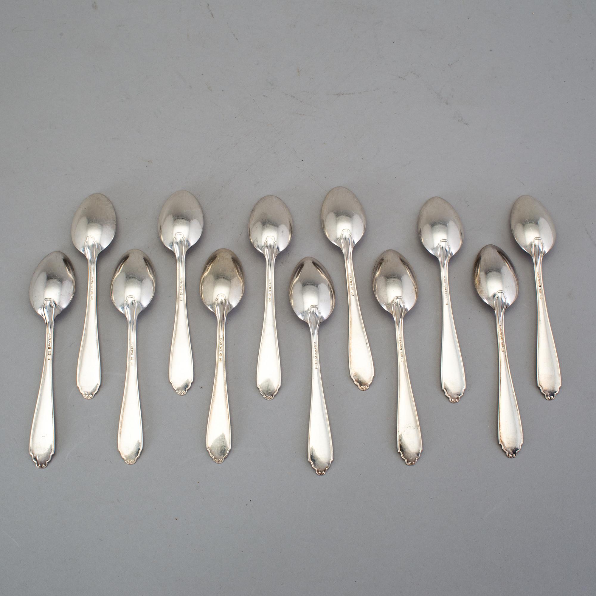 KAFFESKEDAR, 12 st, silver, modell "Vasa", GAB, Stockholm, 1930-7. Vikt cirka 155 gram.