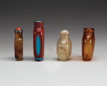 A set of four glass and stone snuff bottles, Qing dynasty.