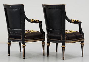 A pair of Gustavian late 18th Century armchairs, by E. Ståhl.