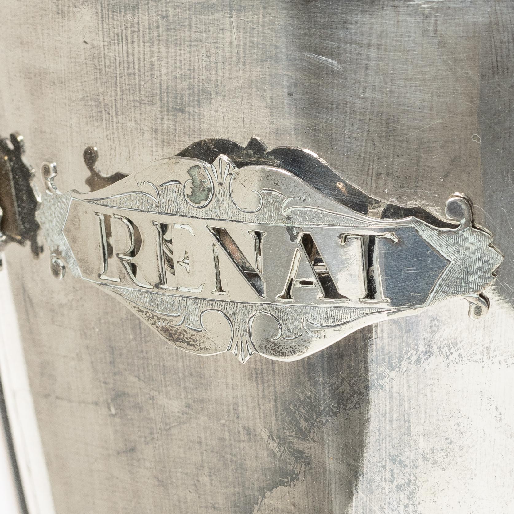 Brännvinscistern, nysilver, DA Kjernås Nysilfverfabrik, Göteborg.