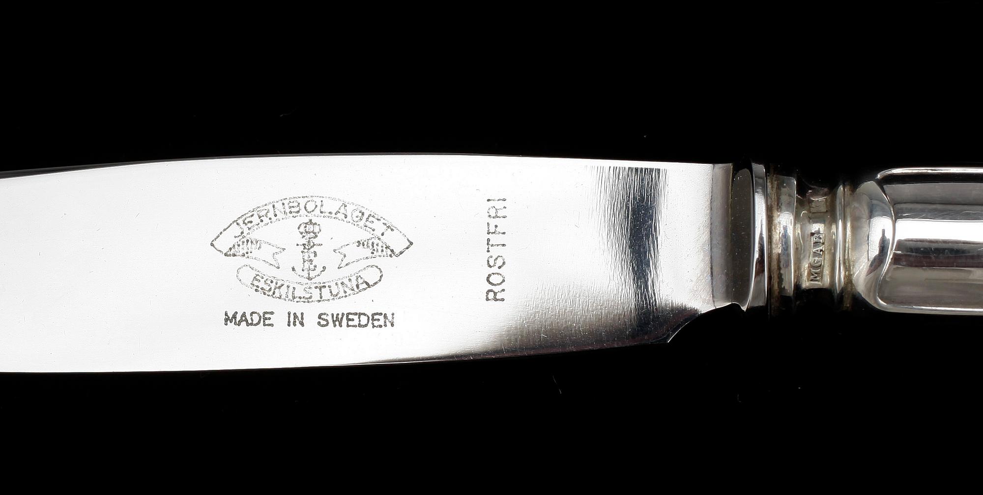 MATBESTICK, 54+12 delar, silver, snarlik "Svensk spets", MGAB, Uppsala, 1950-tal. Tot vikt (inkl knivar) ca2268g.