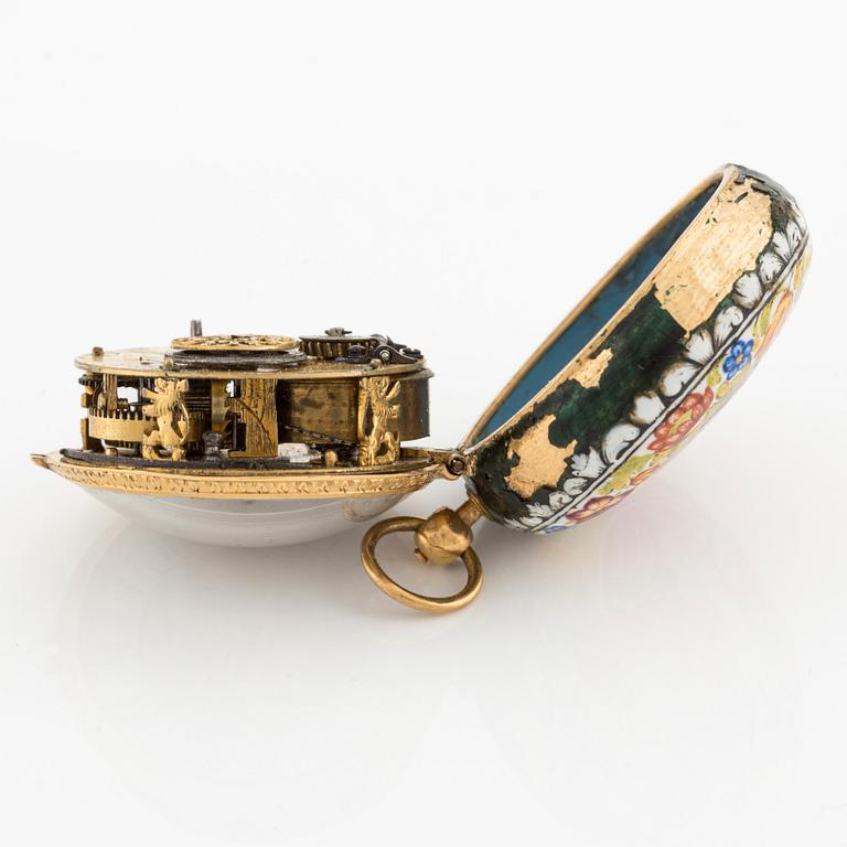 Abraham Cailliatte, a 17th century gold and enamel pocket watch, the case attributed to Pierre I Huaud.