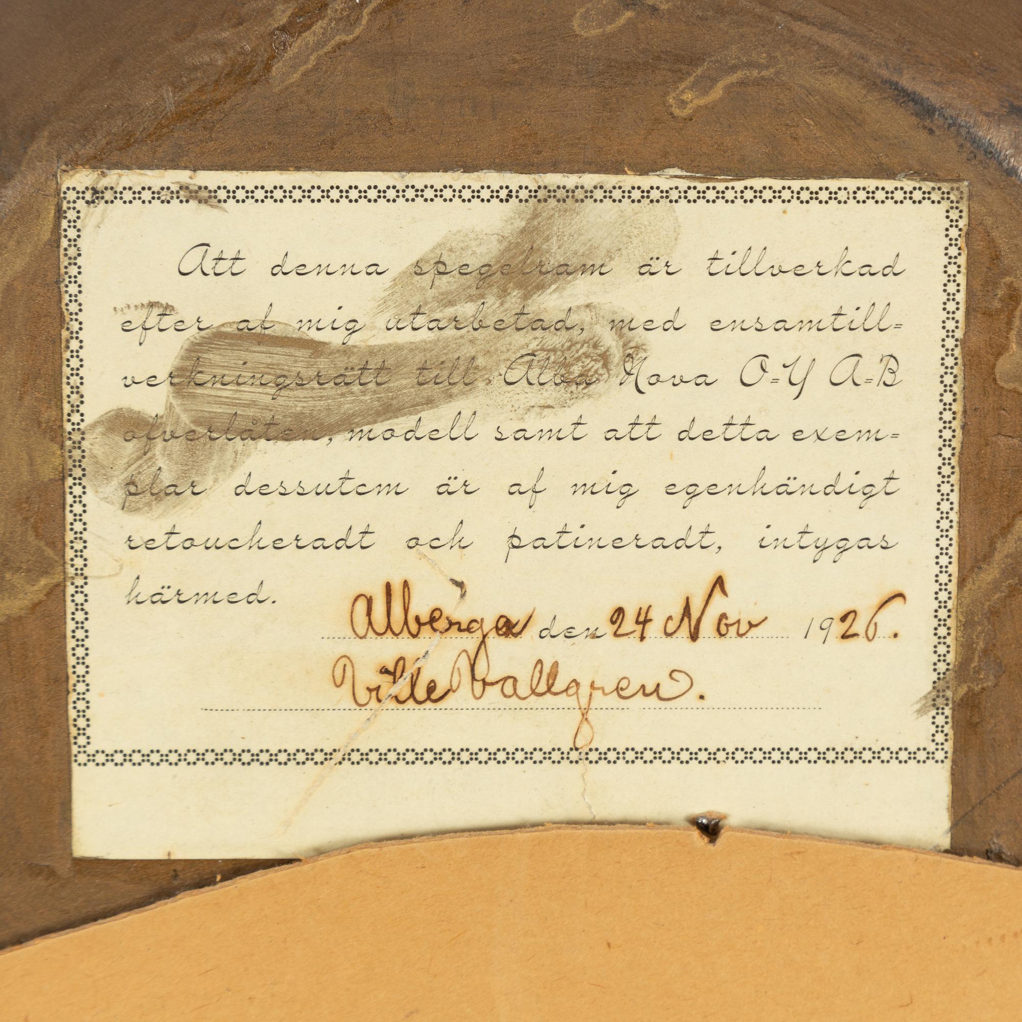 Ville Vallgren, a mirror, Alba Nova OY AB, Finland, 1925-26.