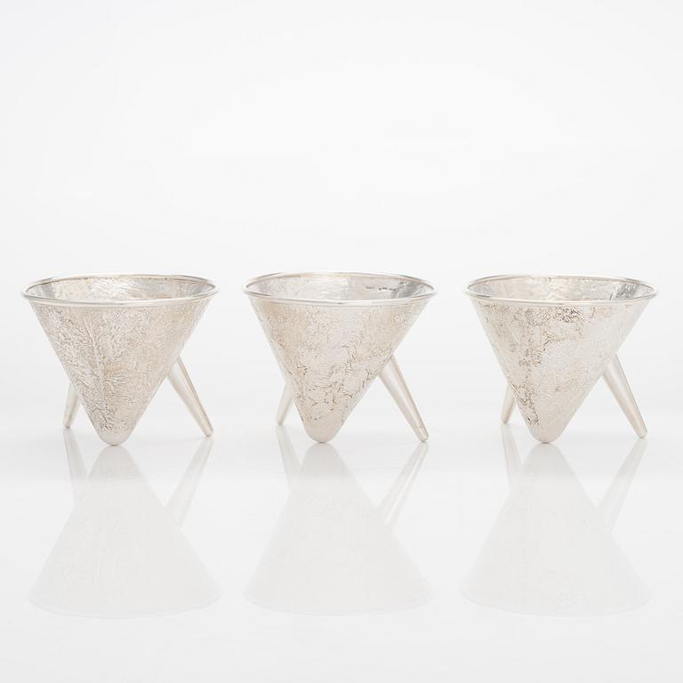 Pekka Turtiainen, a set of three silver bowls, samorodok technique, Finland 1995.