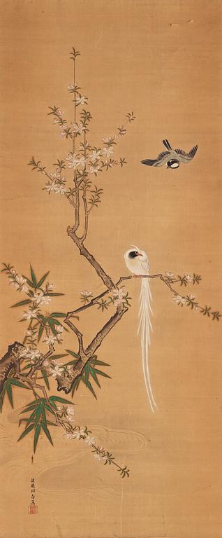 A hanging scroll, ink and color on silk. Japan, 20th century.