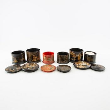 A collection of thread holders, boxes, and a tea caddy, 10 pcs Japan/Europe first half of the 20th century.
