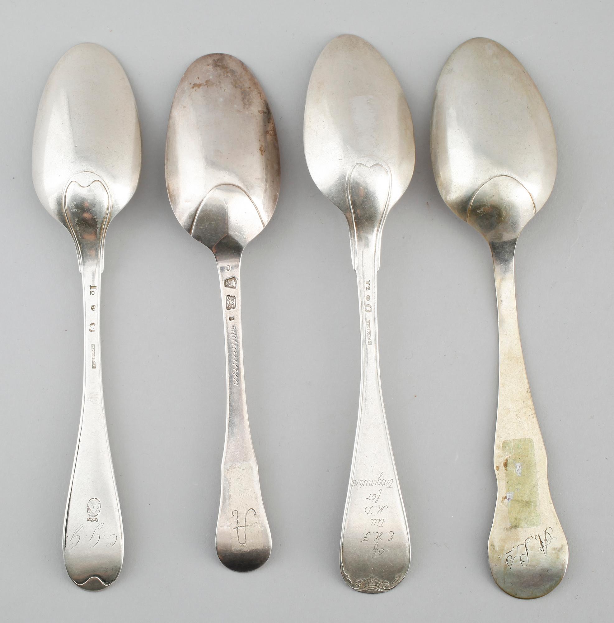 MATSKEDAR, 4 st, silver, olika modeller, 1700-/1800-tal. Vikt ca 246 gram.