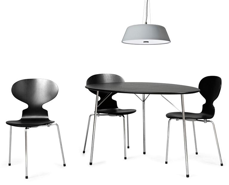 An Arne Jacobsen "Centenary Package" comprising three "Ant Chairs" an eggshaped table and a "Stelling" ceiling lamp by Louis Poulsen, the set was made in 2002 to conmemorate the centenary since the birth of Arne Jacobsen.