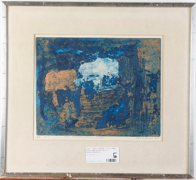 FÄRGLITOGRAFIER, 2 st. Mogens Balle samt Brita Molin. En dat. -65. Numr. 3/6 resp. 8/230.