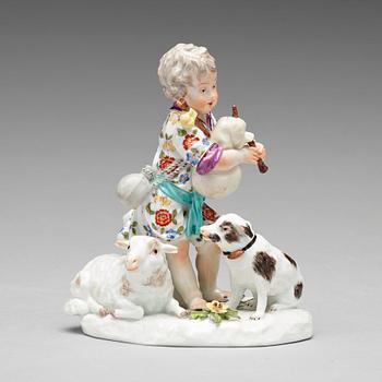 262. A Frankenthaler porcelain figure of a putto playing bag pipe, Germany, 18th Century.