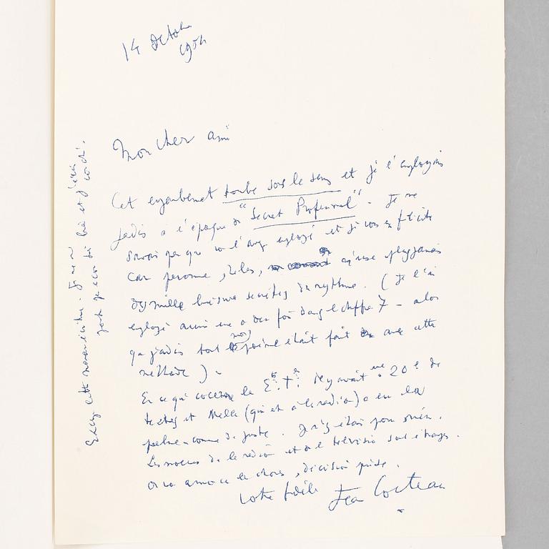 JEAN COCTEAU (1889-1963), egenhändigt brev, sign o dat 14 oct med otydligt år.