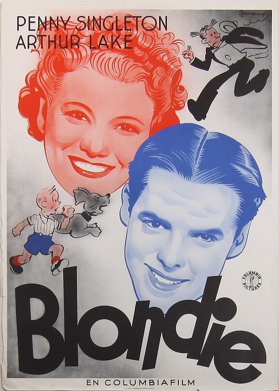 AFFISCHER, 2 st, tryck, "Blondie" resp "På hal is", sign Rohman i trycket, Stockholm 1938.